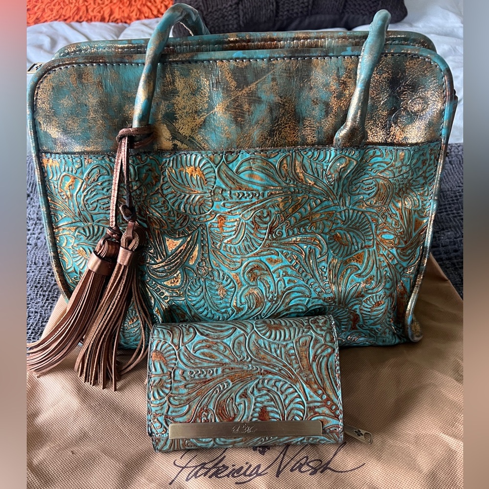 Patricia Nash Turquoise and Gold Embossed Leather satchel Bag & matching wallet
